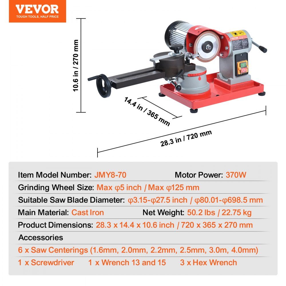 Saw blade sharpener 370W sharpening machine circular saw blade sharpener 3600 rpm circular saw blade sharpener φ 80.01-698.5mm saw blade sharpener φ 1.6-4.0mm 6-fold saw centering