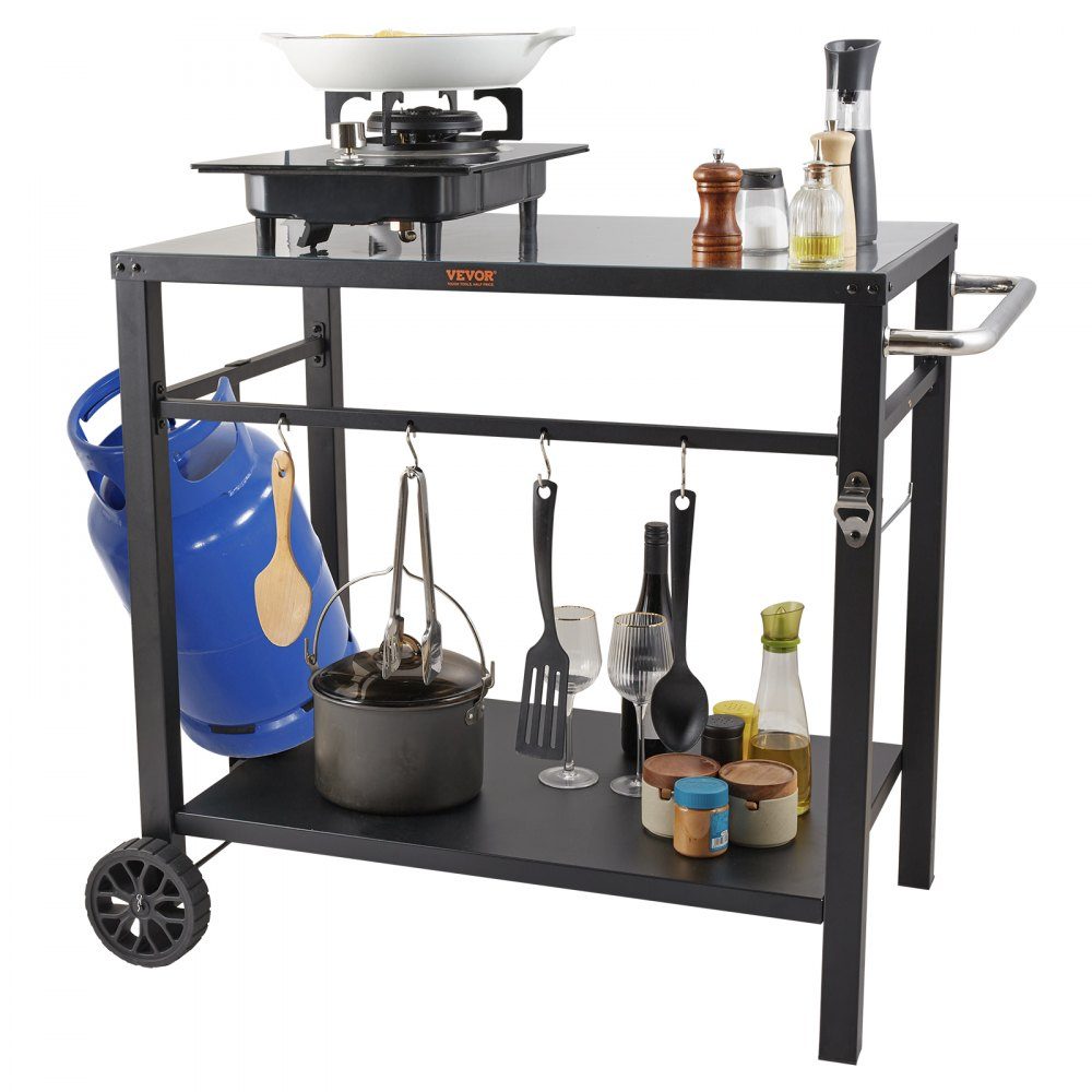 Servierwagen, Küchenwagen, 100 x 64 x 83,5 cm, Outdoor-Grill-Esswagen mit doppelter Ablage, beweglicher Grilltisch für die Zubereitung von Speisen, multifunktionale Tischplatte aus schwarzem Eisen