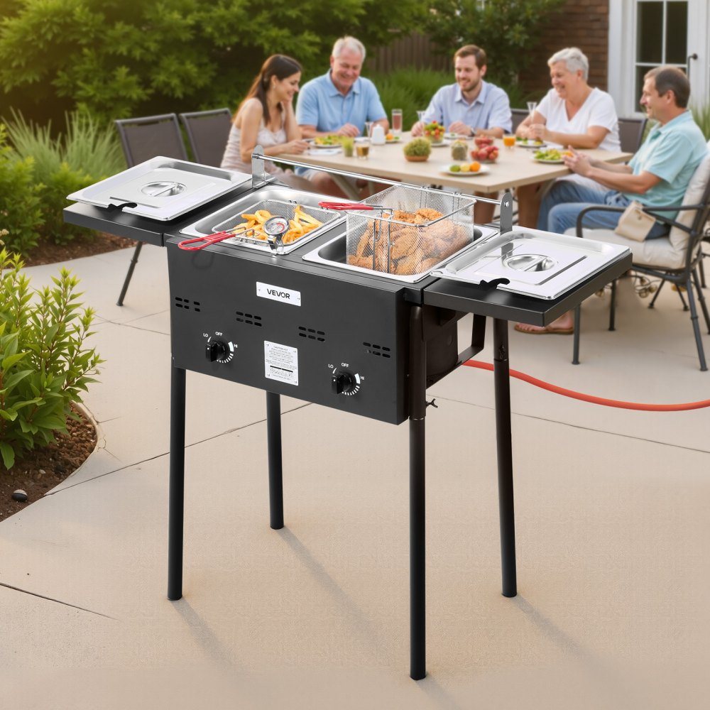 Friteuse commerciale d'extérieur au propane avec 2 réservoirs (9 L x 2), cuisinière en acier inoxydable avec plate-forme pliable, double panier et contrôle de la chaleur, friteuses autoportantes pour restaurants, snack-bars Friteuse commerciale d'extérieur au propane avec 2 réservoirs (9 L x 2), cuisinière en acier inoxydable avec plate-forme pliable, double panier et contrôle de la chaleur, friteuses autoportantes pour restaurants, snack-bars