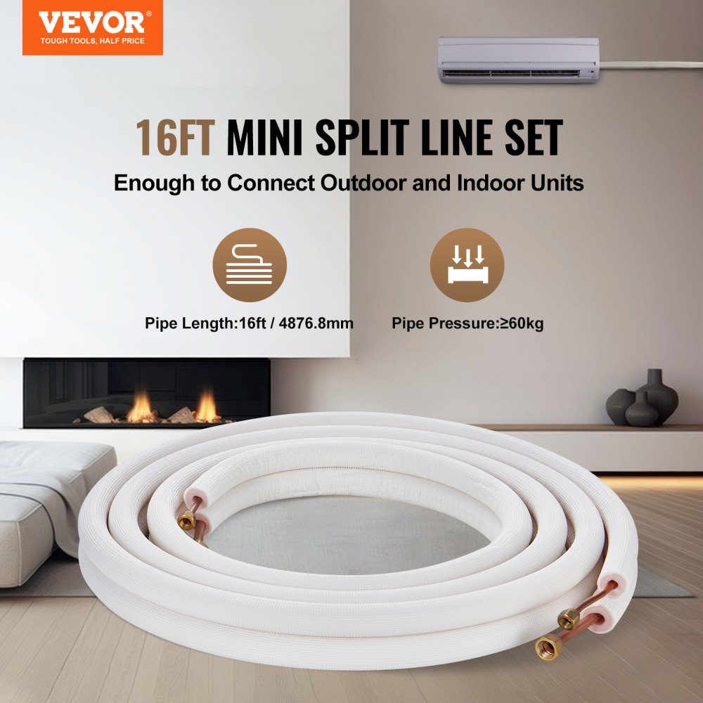 4876.8mm mini split line kit, 6.4 and 9.5mm OD, copper pipes and three-layer insulation, for air conditioning or heat pump equipment and HVAC with extensive accessories – Part No. HT-24304