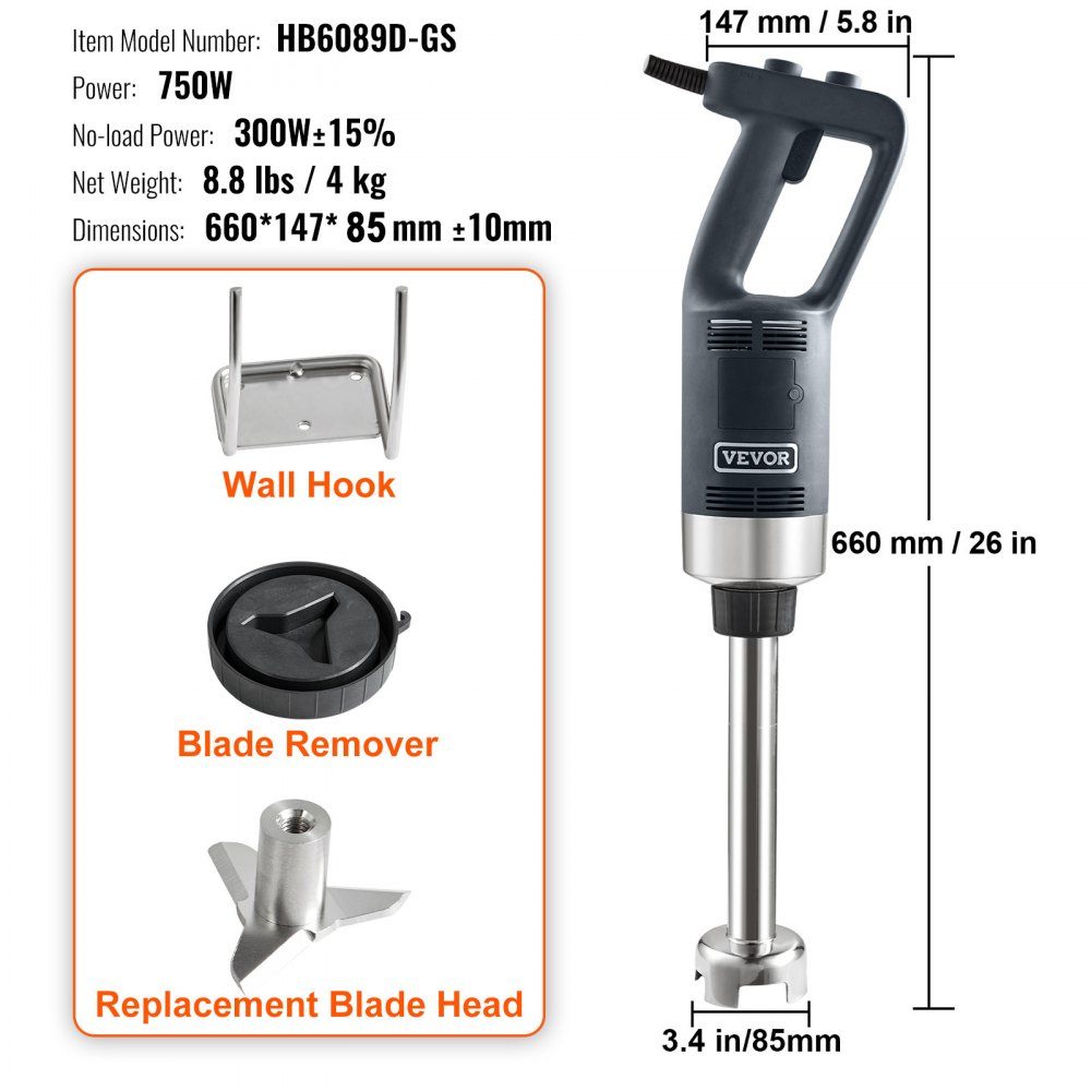 Puree Blender Electric Hand Blender 750W High Performance Hand Blender Adjustable Speeds Stainless Steel Multi-Purpose Hand Blender 660mm Removable Stirring Rod Includes Wall Hook and Replacement Blade Head