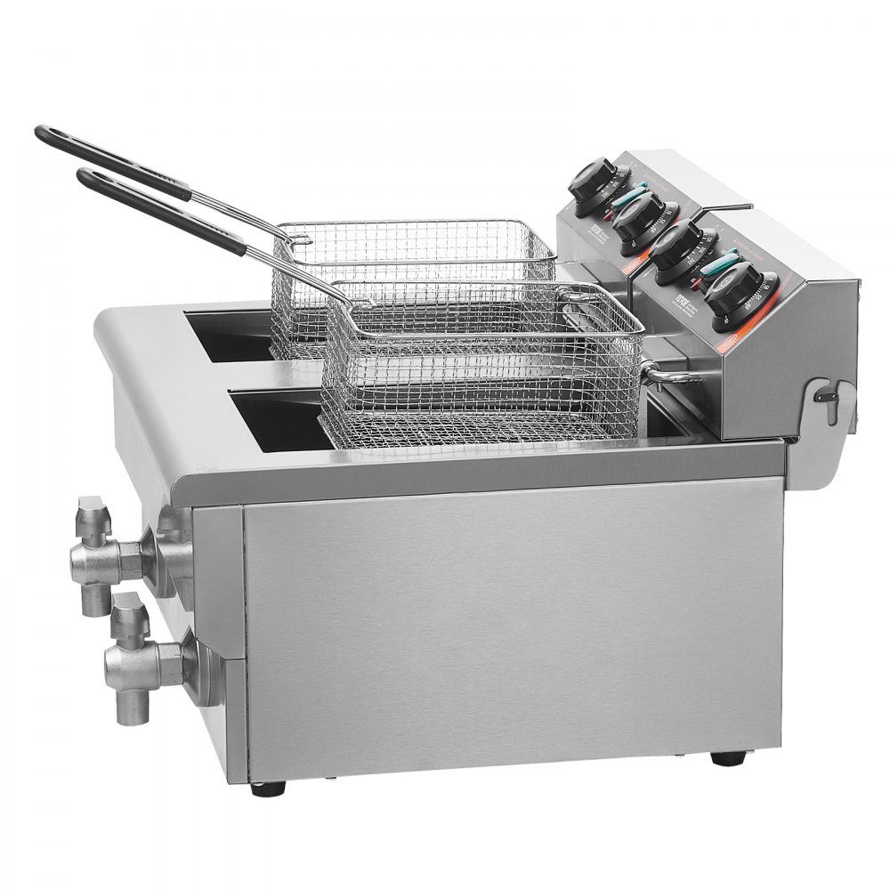 Commerciële friteuse 2 x 8L, 3KW elektrische aanrechtfriteuse met dubbele tank en mand, roestvrijstalen dubbele oliefriteuse, tijd- en temperatuurregeling, voor keukenrestaurants