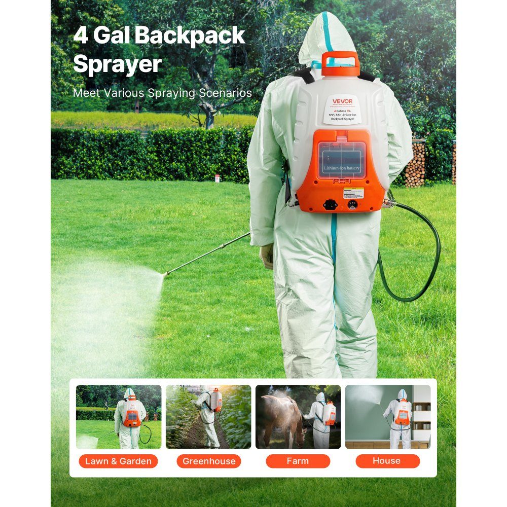 Accudruksproeier 15L rugzaksproeier 8Ah lithium-ion accudruksproeier 90PSI kunstmestsproeier 4,1L/min tuinsproeier met schouderbanden plantensproeier tuinbesproeiing desinfectie wasstraat