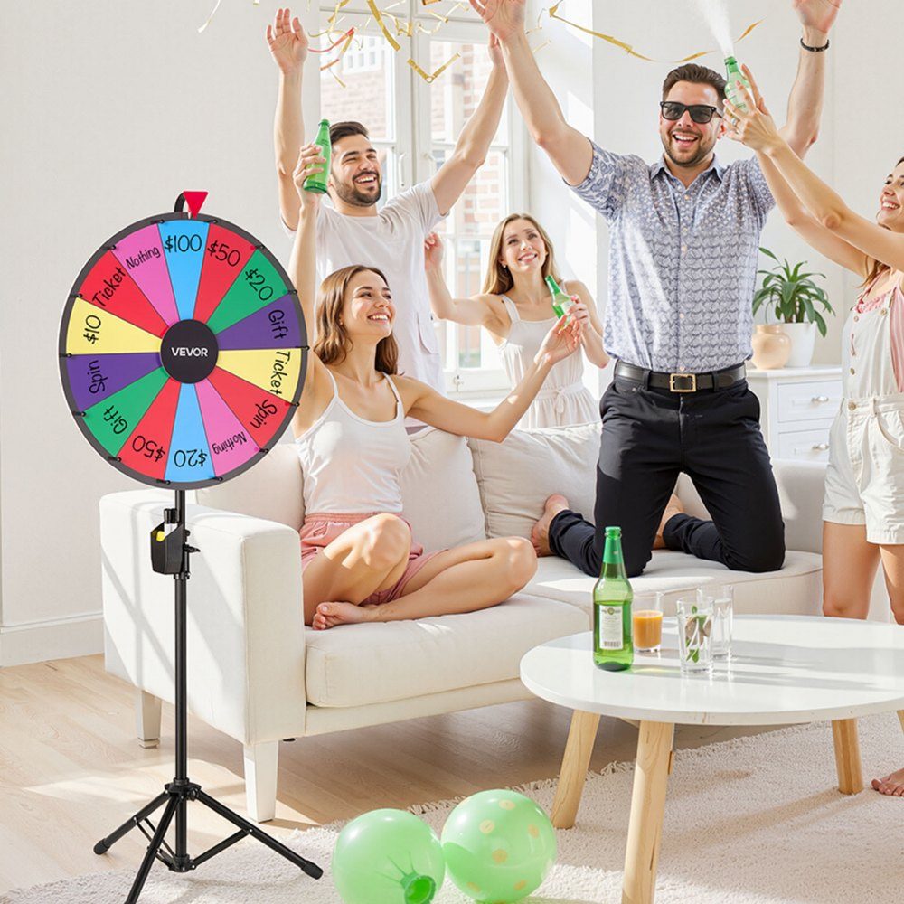 Rad van fortuin, spinnewiel (61 cm), 14 vakken, rad van fortuin met statief, in hoogte verstelbaar, loterijspelen, wedstrijden, roulette, met schoolbordspons & 2 stiften, 6 kleuren, ideaal voor feesten, cafés, kermissen, kermissen