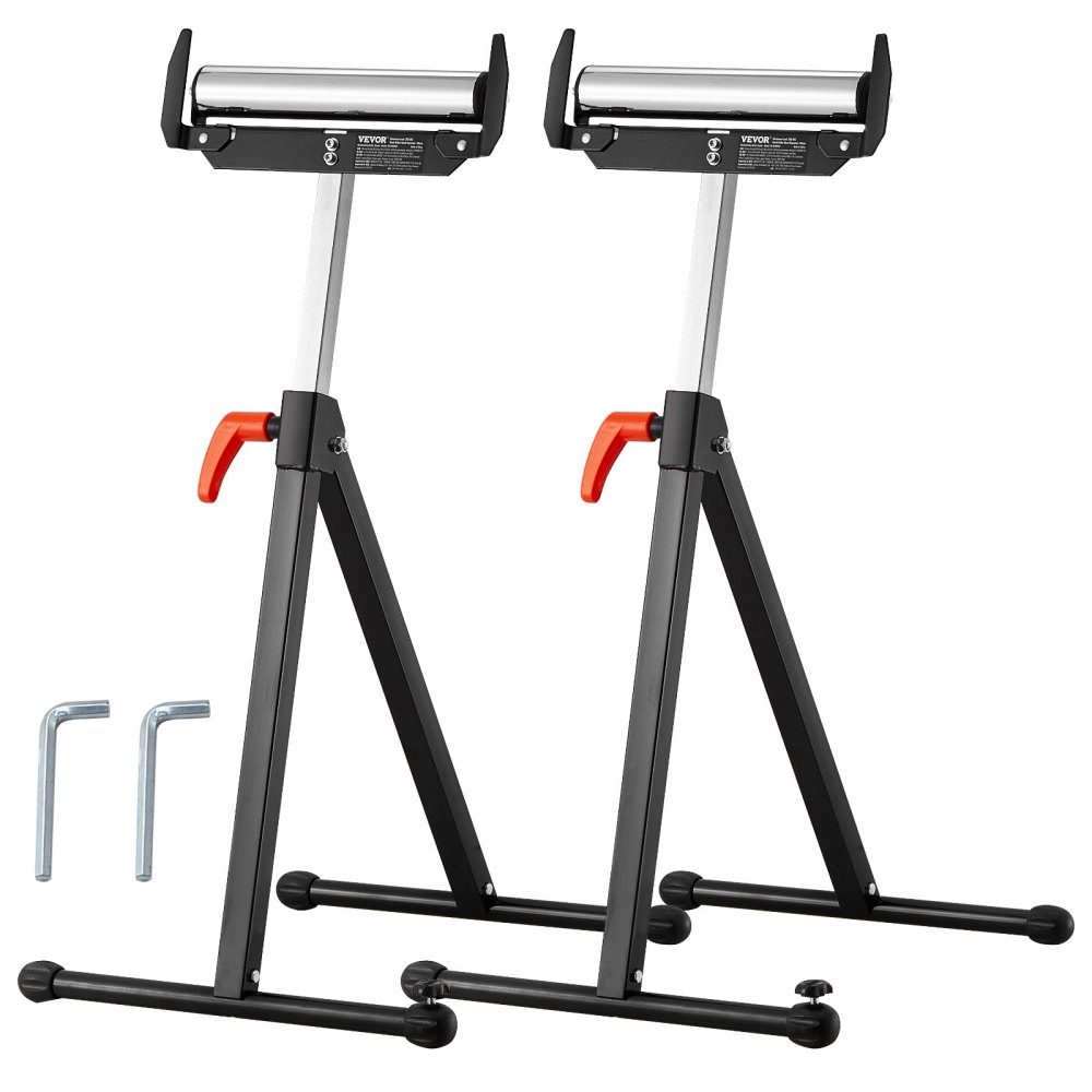 Set van 2 rolstatief, draagvermogen 113 kg, in hoogte verstelbaar van 68-109 cm, opklapbare werkbok met rolkop en randgeleiders van gepolijst staal, voor tafelzaaguitloop, verlengingssteun
