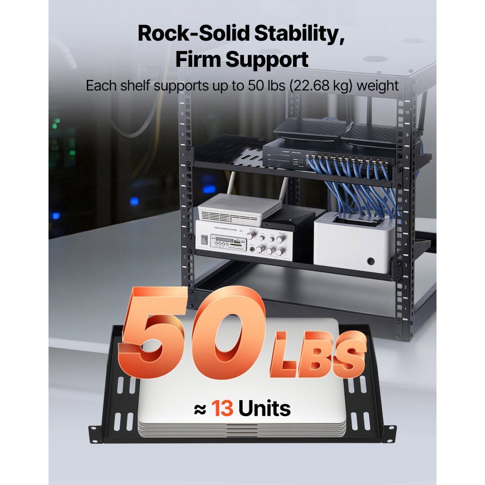 1 HE Server-Rack-Regal, 4 Stück, 22,7 kg, belüfteter Ausleger, Wandmontage oder Rack-Montageregal mit Regal, 25,4 cm Tiefe, gute Luftzirkulation für 48,3 cm Schrank, Computer, Netzwerkausrüstung