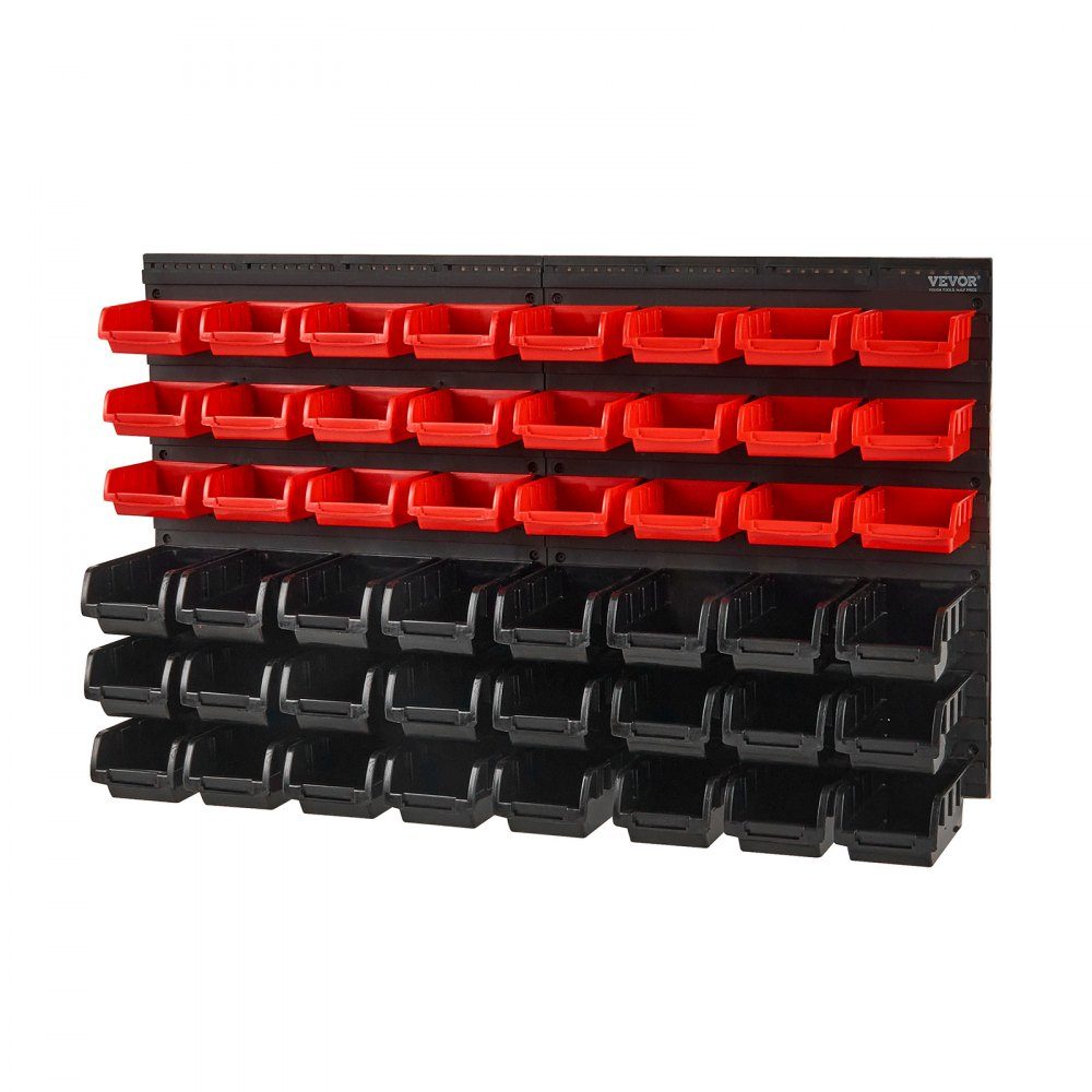 Stacking Boxes, 48 ​​Container Parts Shelf Organizer for Garage, Plastic Shop Tool with Wall Panels, Tool Organizer for Nuts, Bolts, Screws, Nails, Beads, Buttons, Black and Red