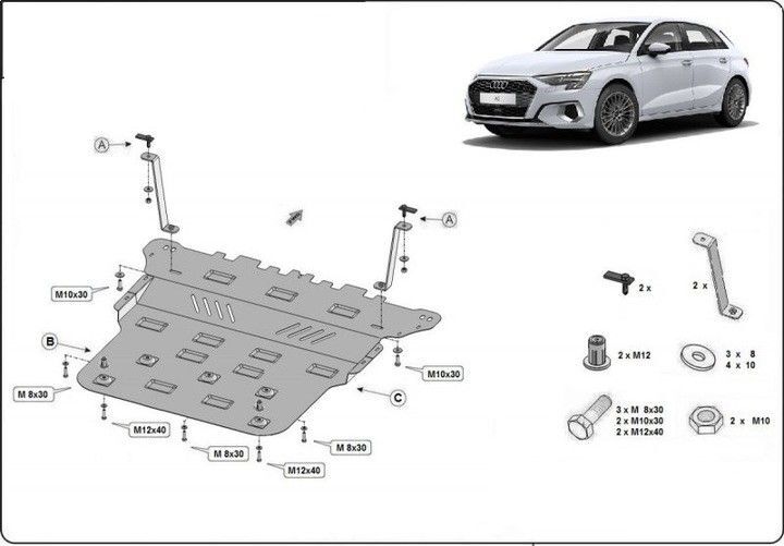 Protection anti-encastrement du capot moteur en acier Transformation Audi A3 (2020-2022) avec kit de matériel de complément Protection anti-encastrement du capot moteur en acier Transformation Audi A3 (2020-2022) avec kit de matériel de complément