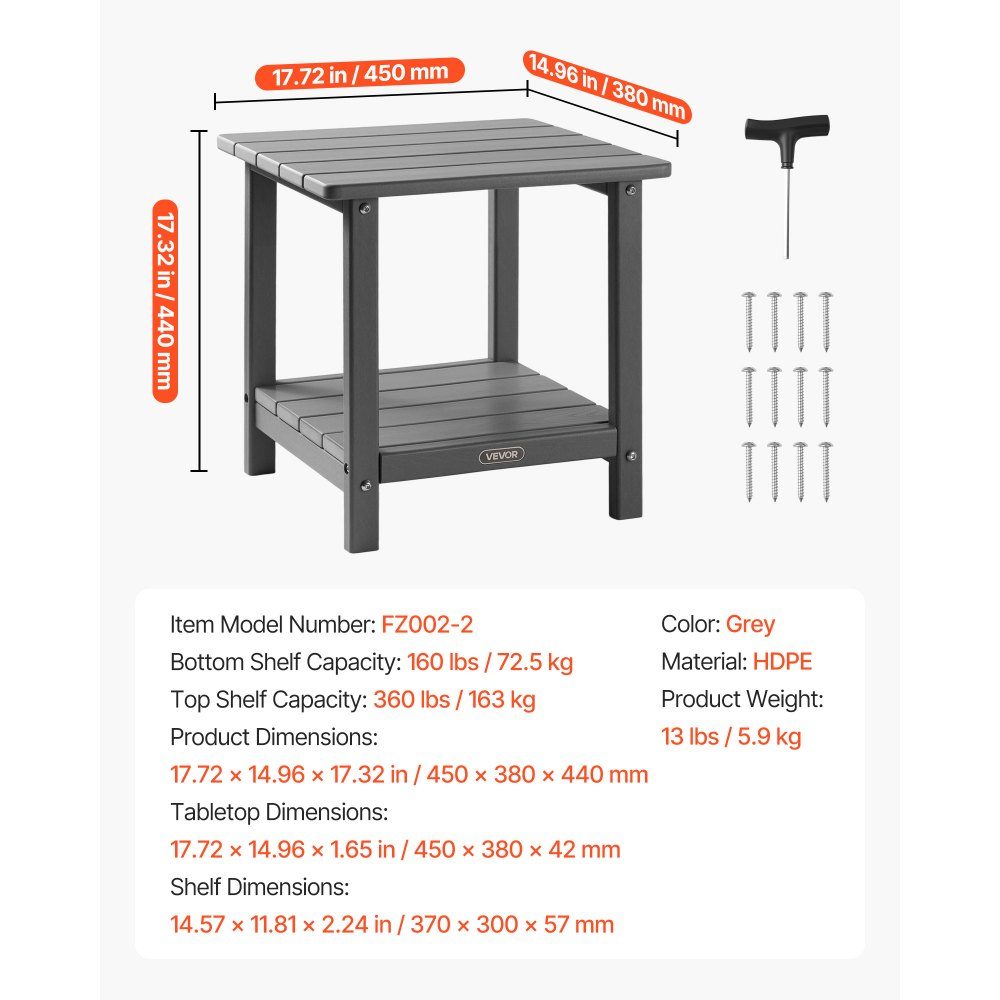 Beistelltisch aus Kunststoff, 45x38x44 cm, Gartentisch aus HDPE, Balkontisch mit 2 Ablagen, Nachttisch, Couchtisch, Dekotisch, geeignet für Terrasse, Pool, Strand, Veranda, Garten, Grau