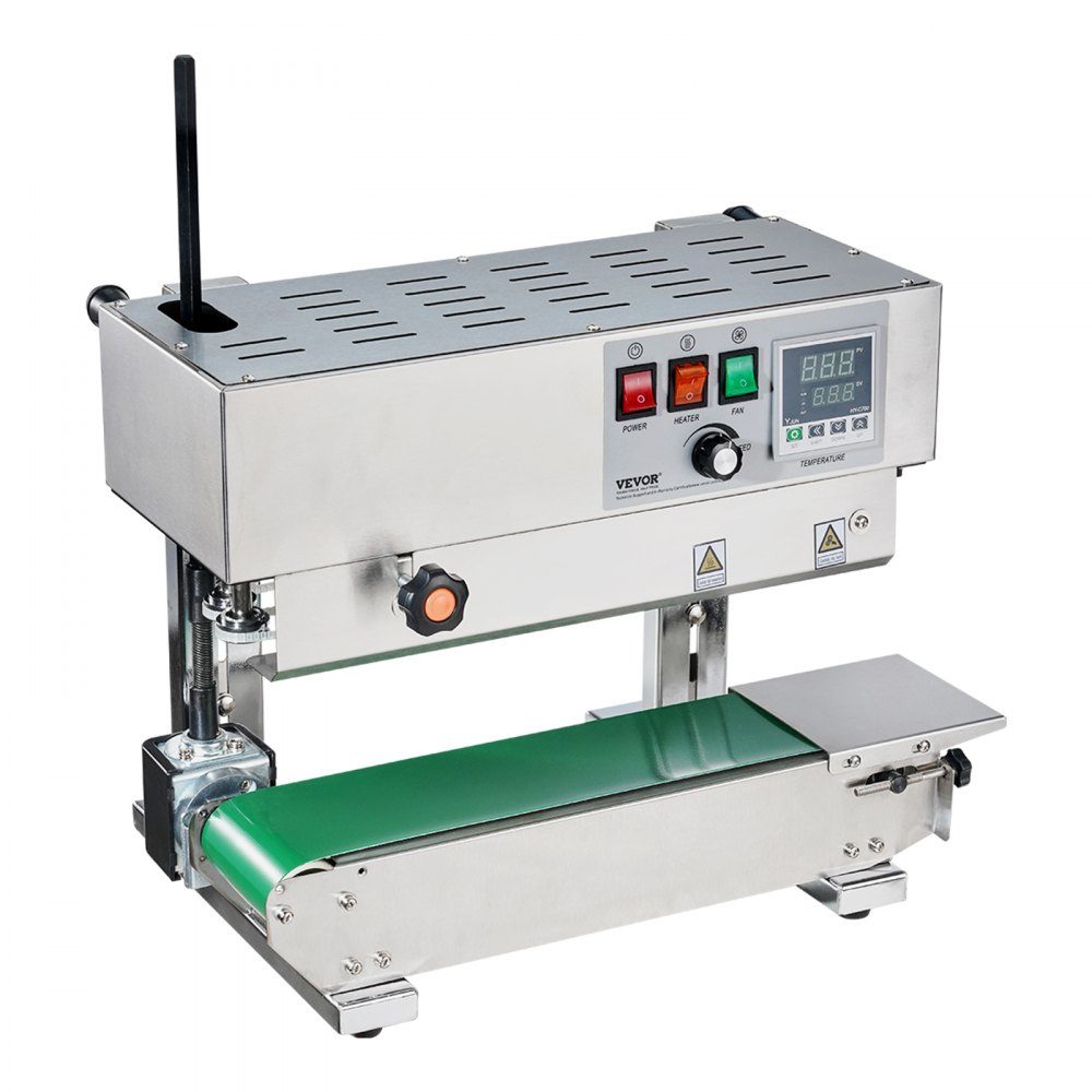 Kontinuierliche Beutelbandschweißmaschine, 0,24–0,47 Zoll/6–12 mm Schweißbreite, vertikale Bandschweißmaschine mit digitaler Temperaturregelung, Beutelschweißgerät aus Edelstahl für 0,02–0,8 mm dicke Kunststoffbeutelfolien