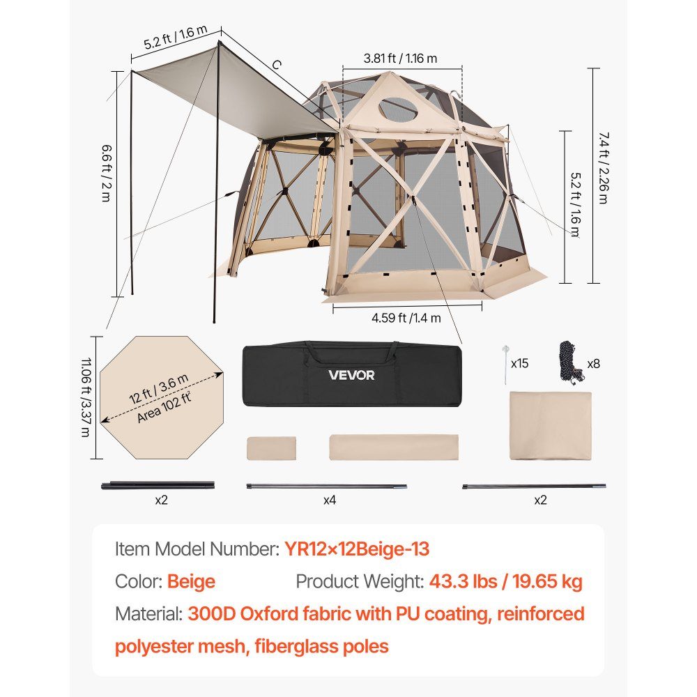 Tonnelle escamotable 3,6 m x 3,6 m, tente de camping sphérique à 13 côtés avec toit amovible et sac de transport, ventilation à 360°, pare-soleil, tente de fête pour 8 à 10 personnes, beige