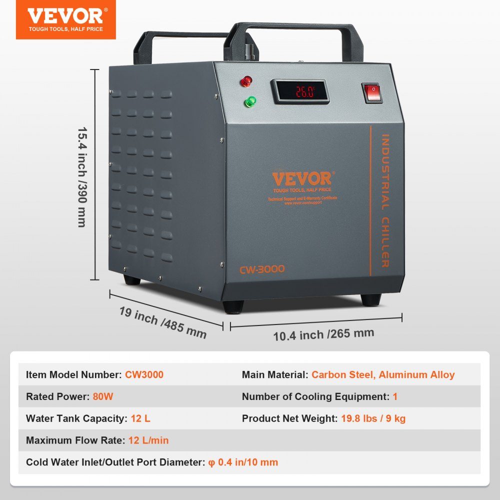 Industrial Water Chiller, CW-3000, 80W Air Cooled Industrial Water Chiller Cooling System with 12L Water Tank Capacity, 12L/min Maximum Flow Rate, for Laser Engraving Machine Cooling Machine