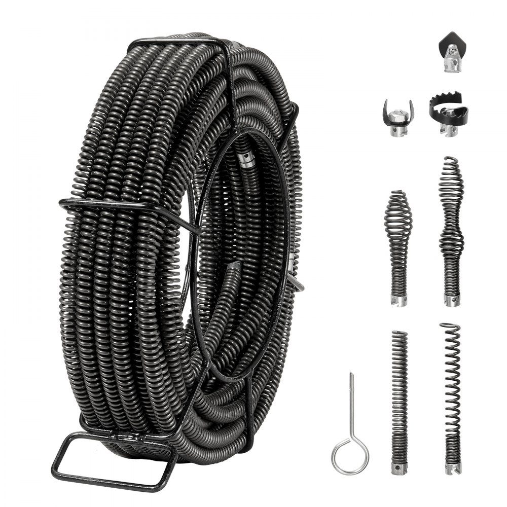 Pipe Cleaning Cable 20m x 16mm, Professional Pipe Cleaning Cable with 7 Cutters for Pipes from 20 to 100mm, Hollow Core Sewer Cable for Sink, Floor Drain, Toilet