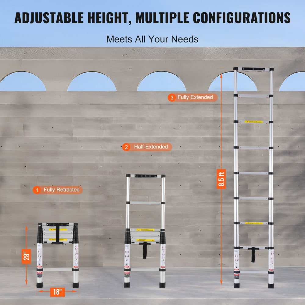 Telescopic Ladder, 2.6m Aluminum Extension Ladder, Folding Ladder with One Button Retraction, 160kg Load Capacity with Non-Slip Feet, Portable Compact Ladder for Home, RV, Attic
