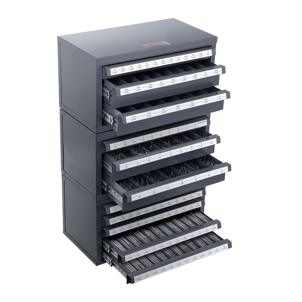 Bohrerspenderschrank, 3-teilig, drei Schubladen für 1,6 mm bis 12,7 mm und Buchstabengrößen A bis Z, Bohrer-Organizer mit fünf Schubladen für Drahtgrößen Nr. 1 bis Nr. 60, stapelbarer Schrank