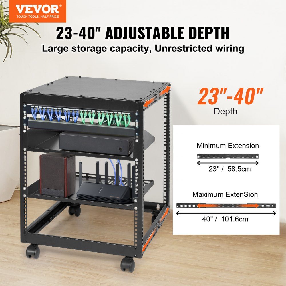 12U Open Frame Server Rack 23-40" Adjustable Depth Freestanding/Wall Mounted Network Server Rack 4 Post AV Rack with Wheels for all your Network IT Equipment AV Equipment