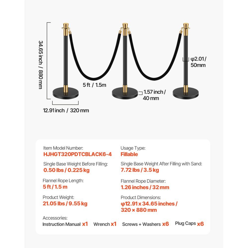Barrier posts (6 pieces) for crowd control with 4 black velvet ropes (1.5 m long), stainless steel barrier stand with refillable base for exhibitions