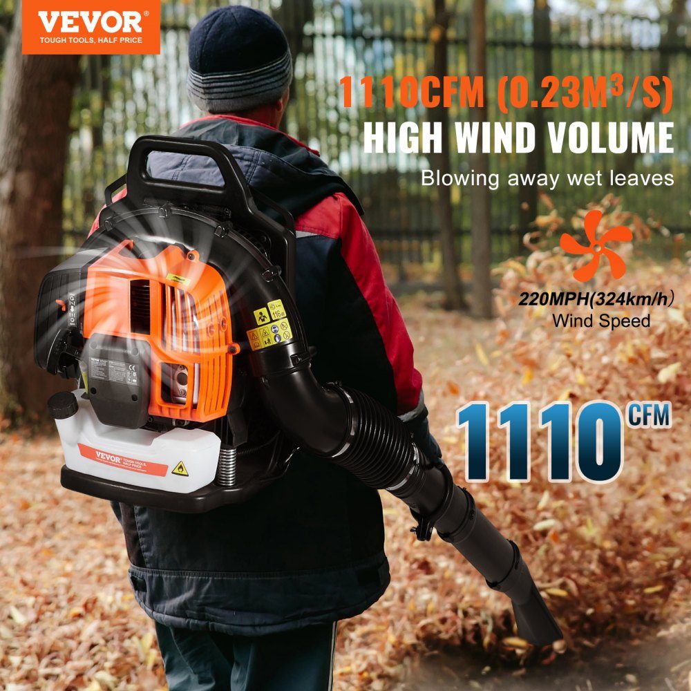 Backpack Leaf Blower, 63CC 2-Stroke Gasoline Leaf Blower with 1.89L Fuel Tank, 1110 CFM Air Volume, 220 MPH Speed, Ideal for Lawn Care, Leaf Cleaning and Snow Removal