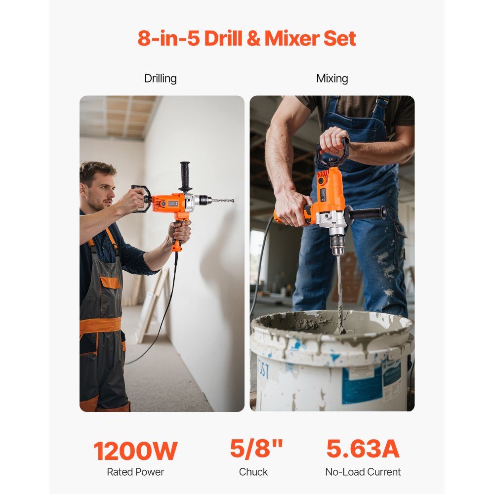 Perceuse électrique 15,89 mm 1200 W avec mélangeur, ensemble de mélangeur, 750 tr/min, 3,2 A, perceuse avec poignée en D pour percer et mélanger, mélangeur à béton manuel pour alimentation du ciment