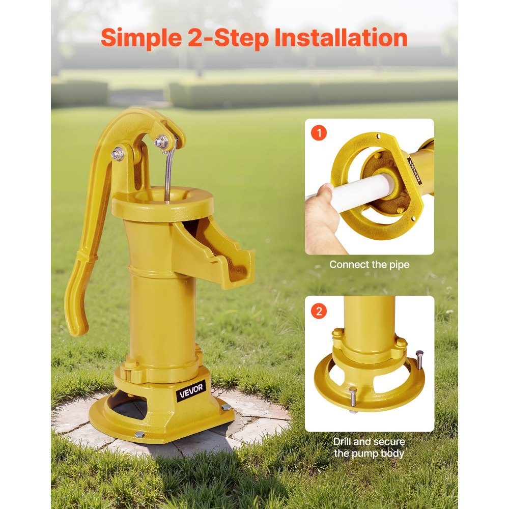 Antike Vintage Stielpumpe, 7,6 m Förderhöhe, nostalgische Gusseisenpumpe, Springbrunnenpumpe, Handpumpe, NPT 1-1/4 Zoll Anschluss, Gartenpumpe, für Garten, Teich, Hof, Bauernhof, Gelb