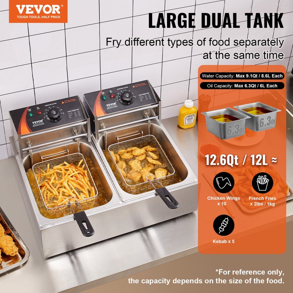 Commercial Electric Deep Fryer, 2x6L Large Electric Countertop with Removable Double Basket, 5000W Stainless Steel Double Fryer for Kitchen Restaurant