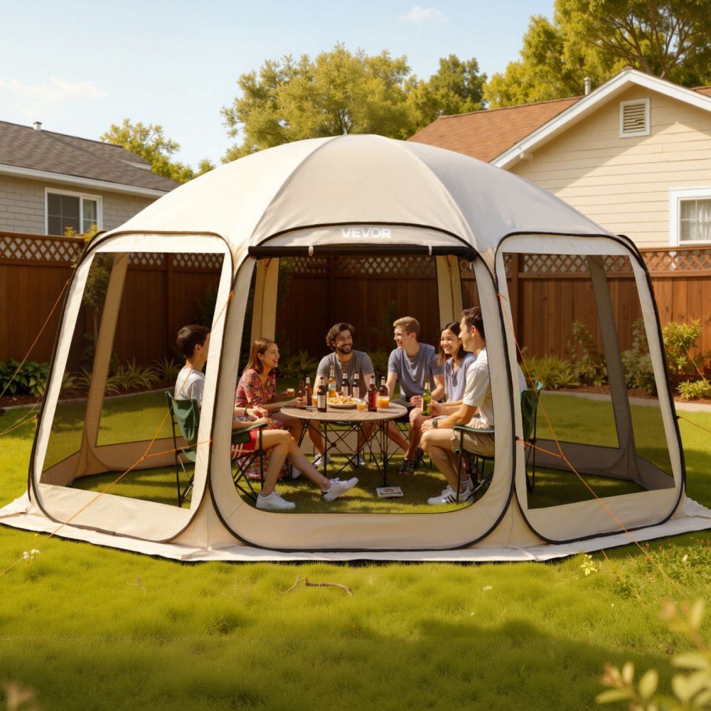 Camping tent, 457.2x420.6x245 cm, party tent for 12-15 people, pop-up tent, including carrying bag, mesh side walls and pegs, for garden, terrace and outdoor activities, beige