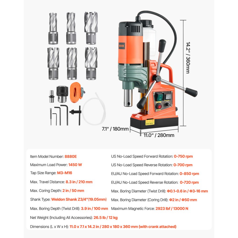 Perceuse magnétique, moteur 1450 W, diamètre de carottage 50 mm, force magnétique 13 000 N, carottage électrique avec 6 carottages, vitesse variable, foret pour surfaces métalliques Perceuse magnétique, moteur 1450 W, diamètre de carottage 50 mm, force magnétique 13 000 N, carottage électrique avec 6 carottages, vitesse variable, foret pour surfaces métalliques