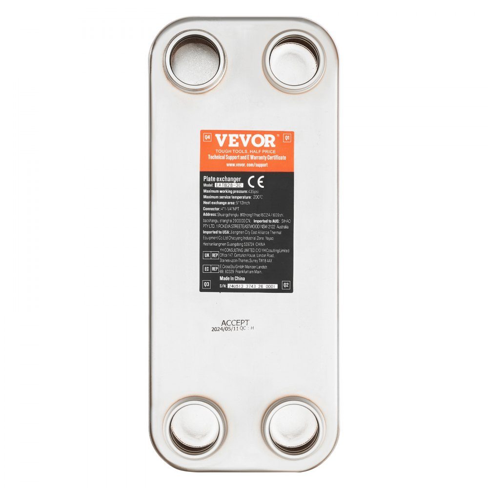 Échangeur de chaleur à plaques 30 Raccords MNPT 4x1-1/4 pouces en acier inoxydable 316L