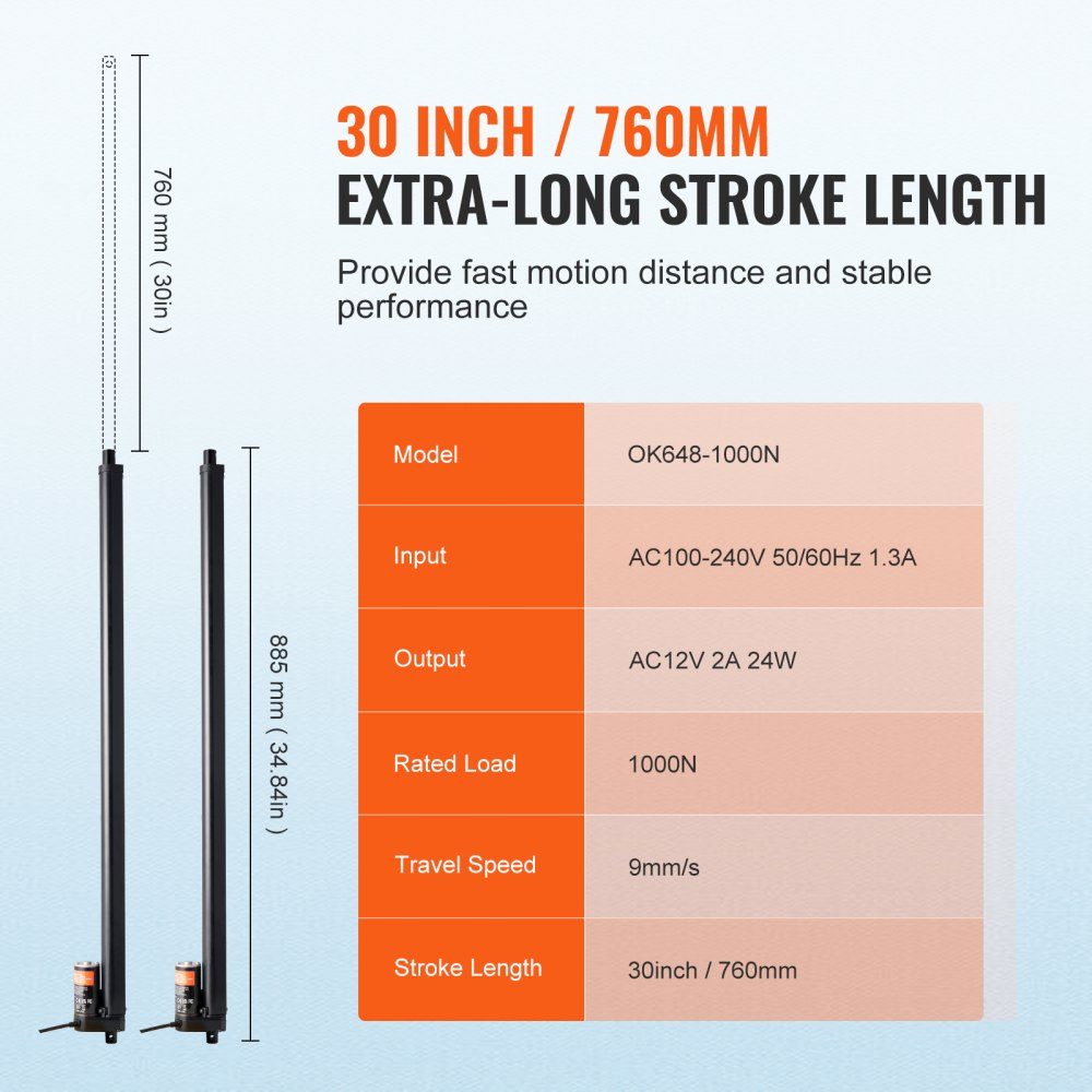 2 pièces. Kit actionneur linéaire 12V 76,2cm 0,89cm/s 99,79kg/1000N protection IP54