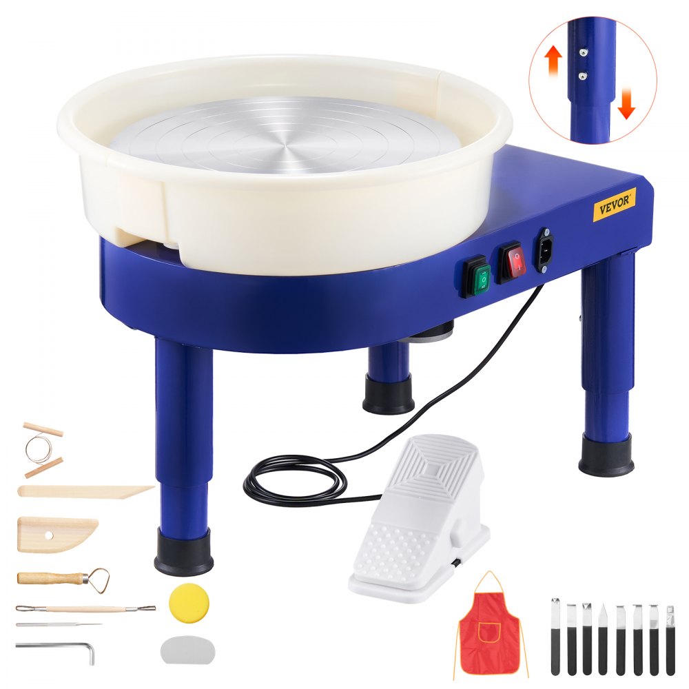 Machine de formage de roues en céramique avec pédale, pieds de levage réglables et bassin amovible (35 cm), vitesse de 60 à 300 tr/min, ensemble complet d'accessoires pour travaux manuels, bricolage, bleu