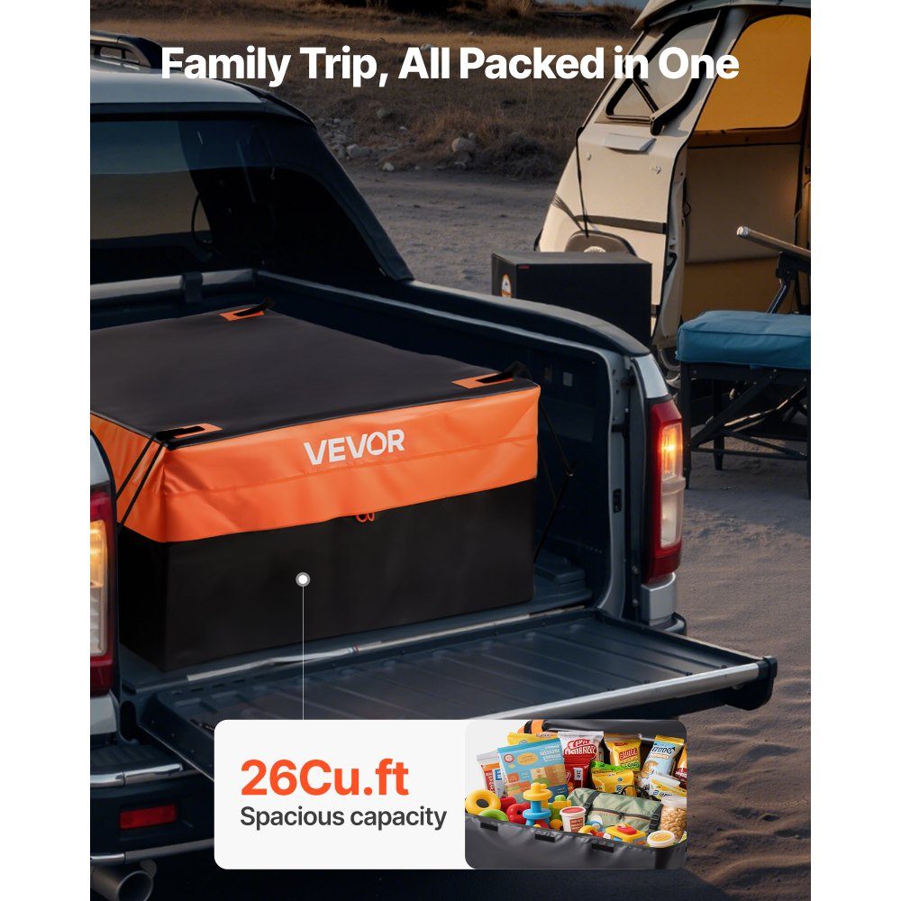 Sac porte-bagages, sac de lit de camion en PVC 840D imperméable (0,736 m³), ​​​​sac à bagages pour rangement sur le lit des camions avec filet à bagages pour voitures, SUV, camionnettes, noir, orange