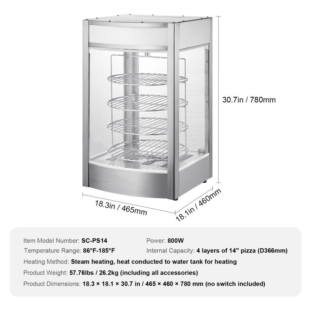 Commerciële Voedselverwarmer voor 14" Pizza, 4-laags Pizzaverwarmer met Roterende Stoomverwarmer, 30℃~85℃ Temperatuurregeling en Temperatuurweergave, 25W Ovenlicht + Top-LED voor Pizzeria, Restaurant