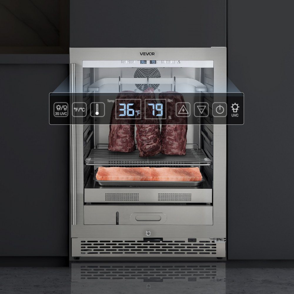 Trockenalterungskühlschrank 45 kg für Steaks, Fleischalterungskühlschrank mit präziser Temperatur- und Feuchtigkeitskontrolle, Rindfleischalterungsmaschine für Haushaltsküche, Restaurant, Hotel