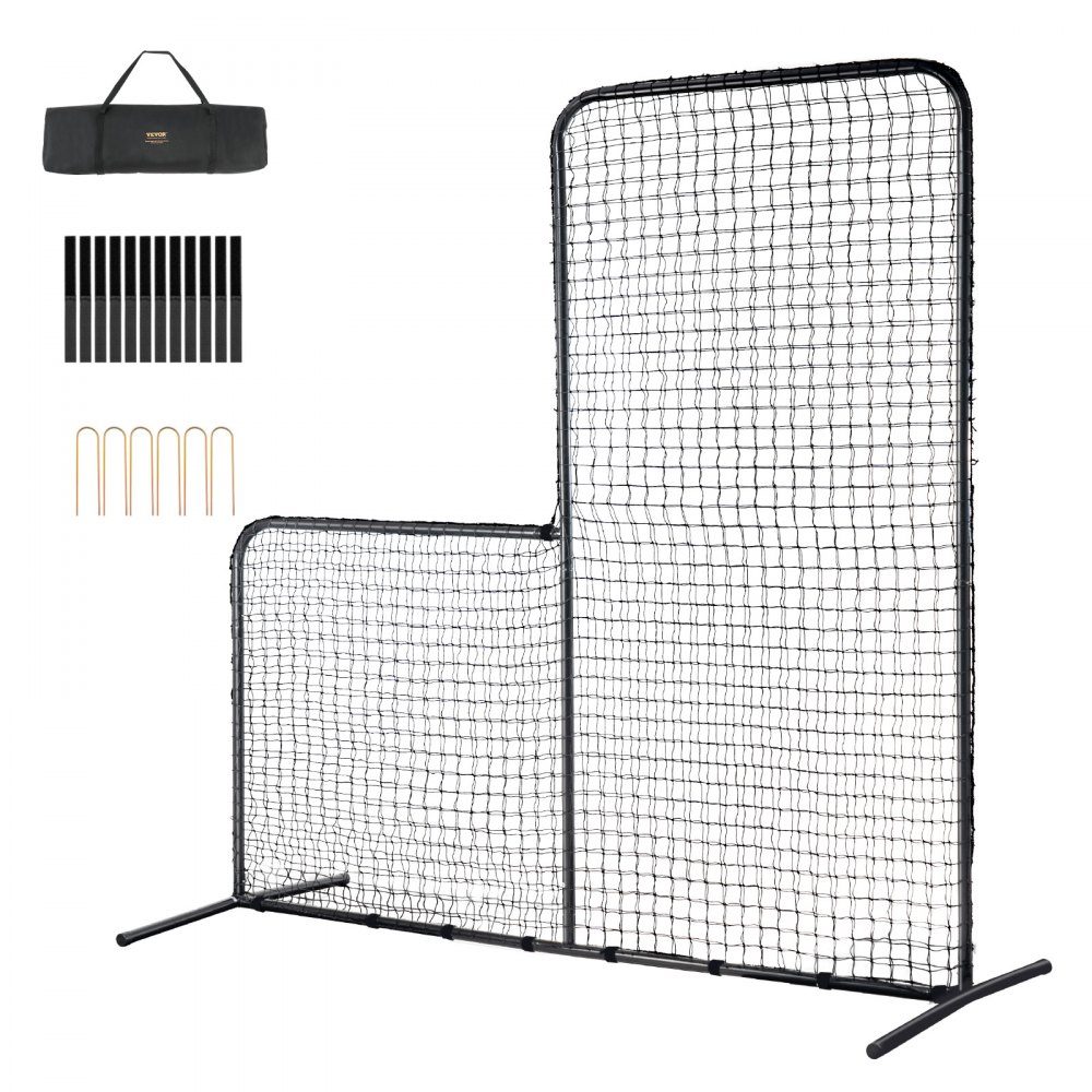 L Shape Baseball for Batting Cage, 84" x 38" x 84" Baseball and Softball Safety Umbrella, Portable Batting Net with Carry Bag and Ground Spikes, Pitching Net to Protect Pitchers, Black