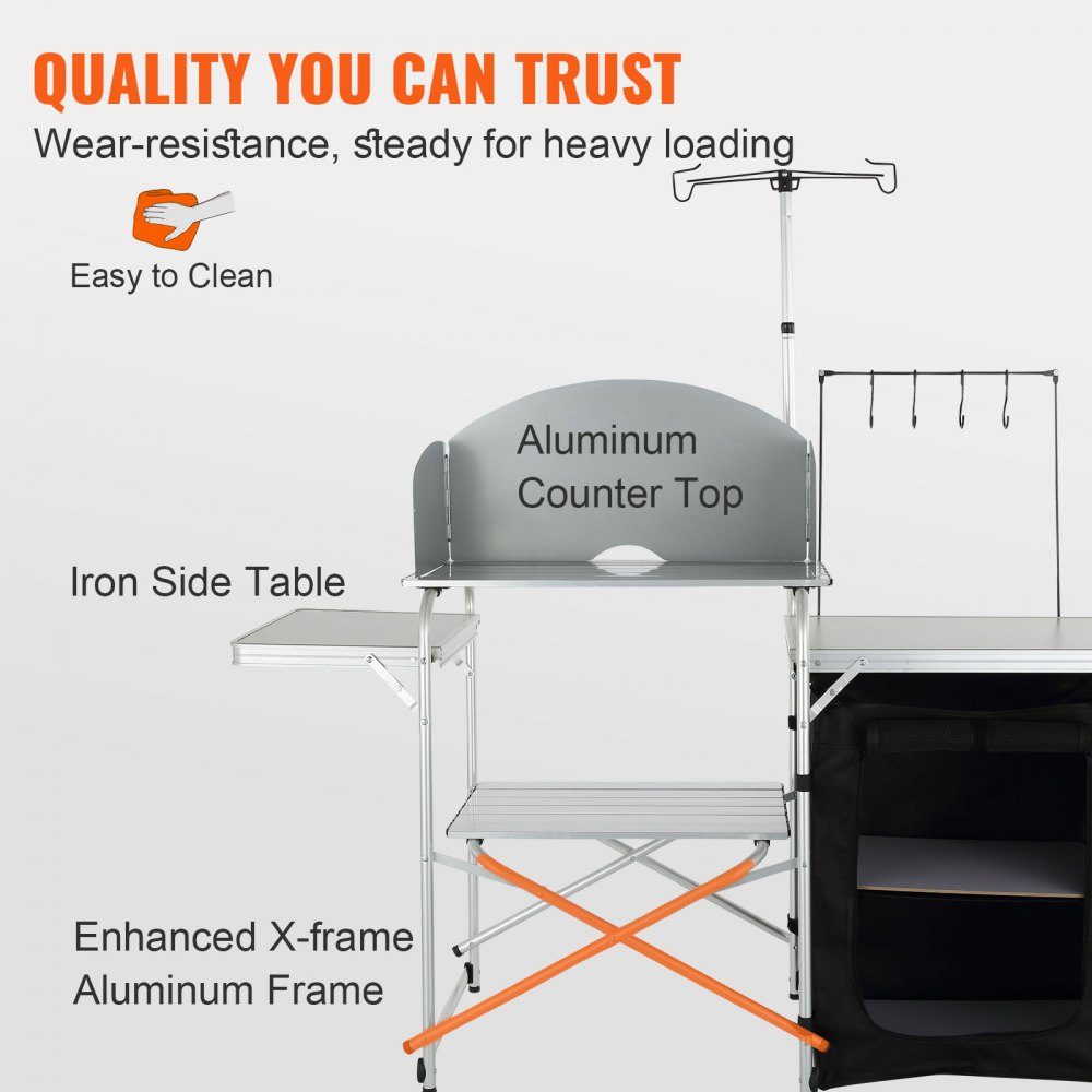 Cuisine de camping d'extérieur pliable 78 x 49 x 13 cm, armoire de camping en aluminium, cuisine de camping avec protection contre le vent, meubles de camping, cuisine de voyage incl. crochets et poteau de lampe 66-121 cm, placard de cuisine, table de cam