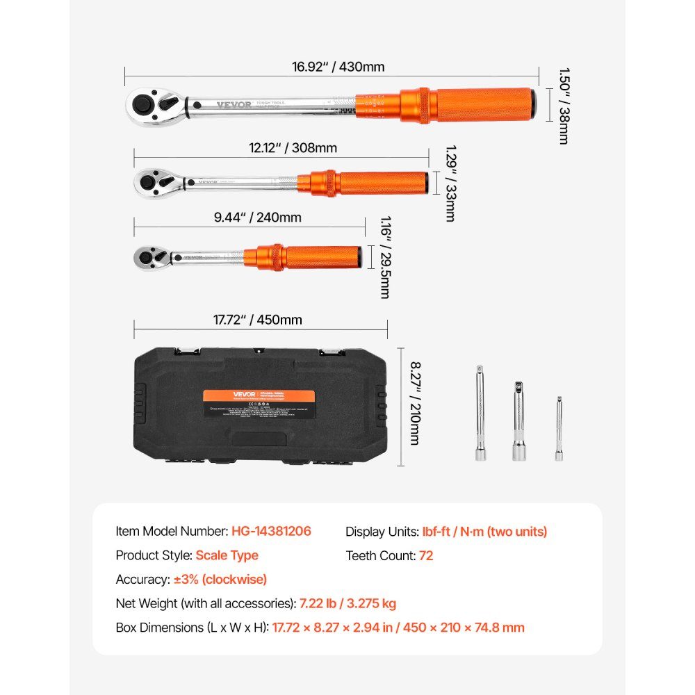 Click Torque Wrench (3pcs), 1/4 3/8 1/2" Drive, Two Way Torque Wrench Set with Dual Range Scales, 72 Teeth ±3% High Precision Alloy Steel for Auto Repair