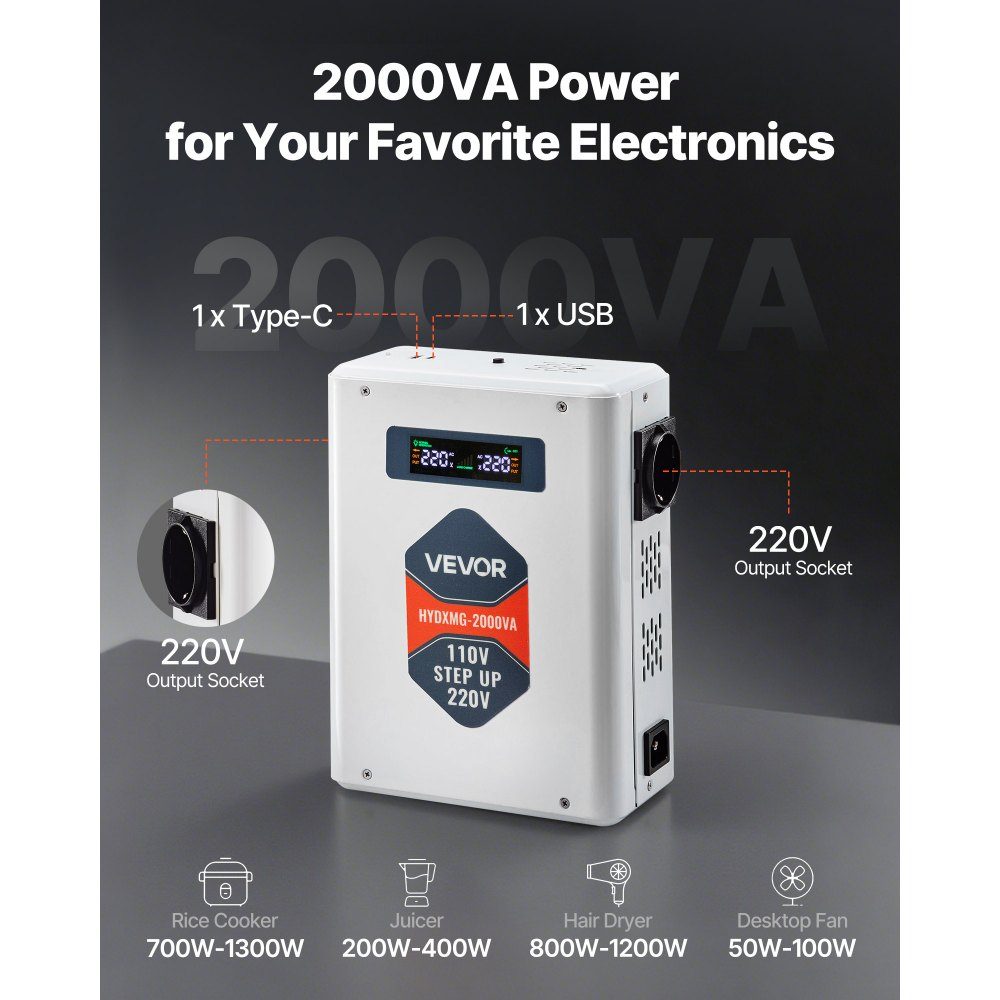 Convertisseur élévateur de tension 2000 VA Convertisseur élévateur robuste 110 V à 220 V Transformateur de puissance avec 2 prises UE Sortie USB Écran LCD Protection de la température pour appareils 220 V – Réf. HT-23590