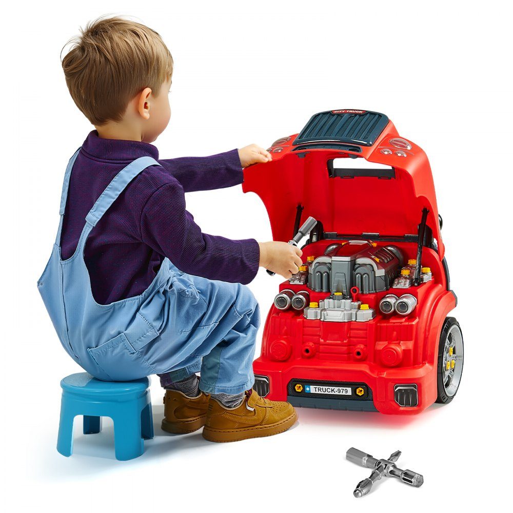 Jouet à moteur, kit de réparation de voiture de 60 pièces pour enfants avec pièces détachables, lumières et sons, volant et klaxon, kit d'atelier mécanique pour enfants pour les tout-petits à partir de 3 ans, rouge