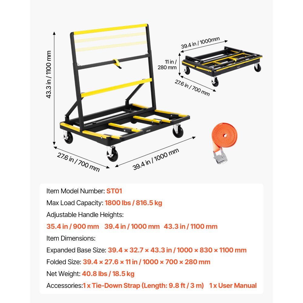 Panel trolley, 816 kg load capacity, transport trolley with 4 swivel castors & extendable loading area, folding panel trolley with lashing strap for transporting plywood, plasterboard, glass