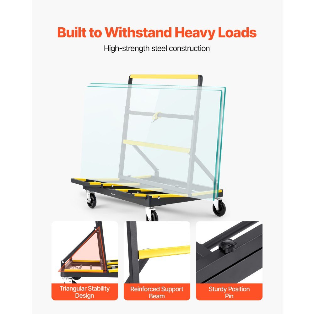 Panel trolley, 816 kg load capacity, transport trolley with 4 swivel castors & extendable loading area, folding panel trolley with lashing strap for transporting plywood, plasterboard, glass