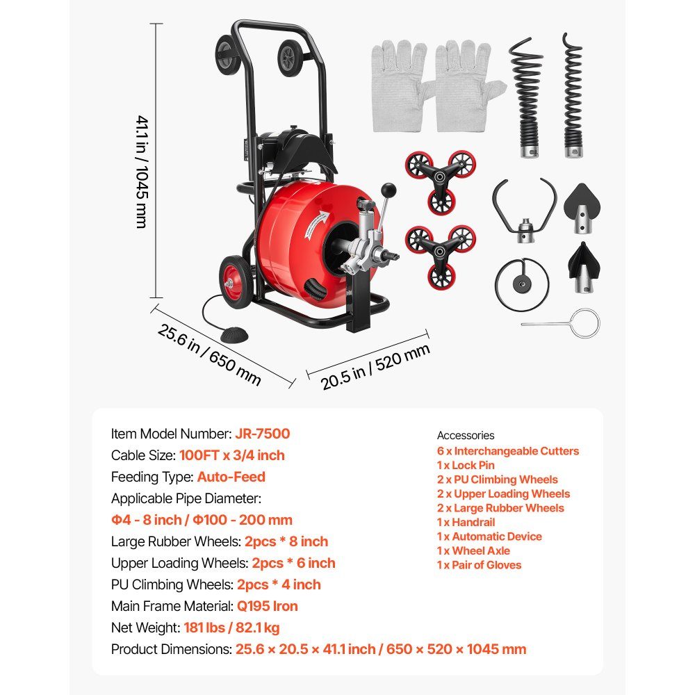 Rohrreinigungsmaschine φ19 mm x 30 m, Reinigungsspirale mit automatischem Vorschub, Mehrradkombination, 6 Schneidwerkzeuge & pneumatischer Fußschalter für Rohrdurchmesser von 100 bis 200 mm