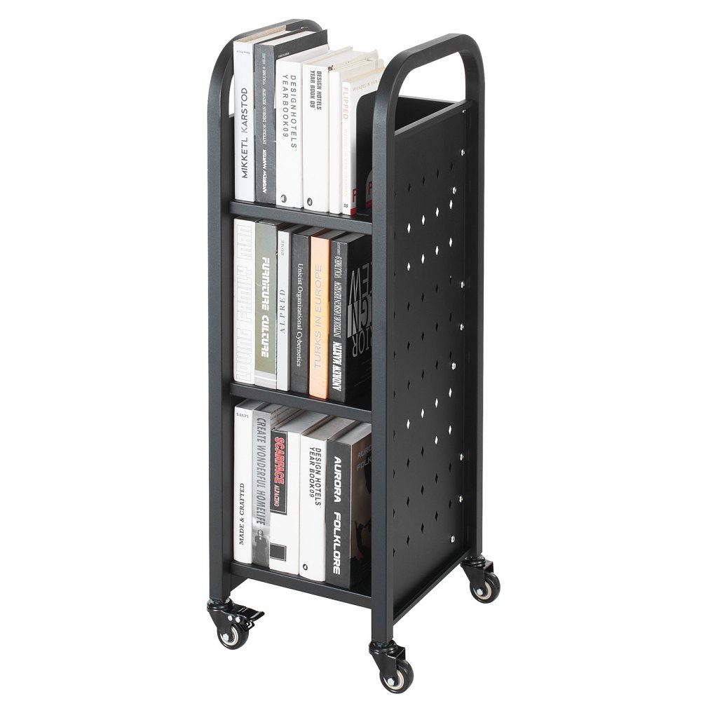 Boekenwagen 100 kg Draagvermogen Bibliotheekwagen 32 x 35 x 93,5 cm Enkelzijdige L-vormige boekenplank met dubbele remwielen Boekenplankwagen voor Woonkamer Kantoor School Zwart