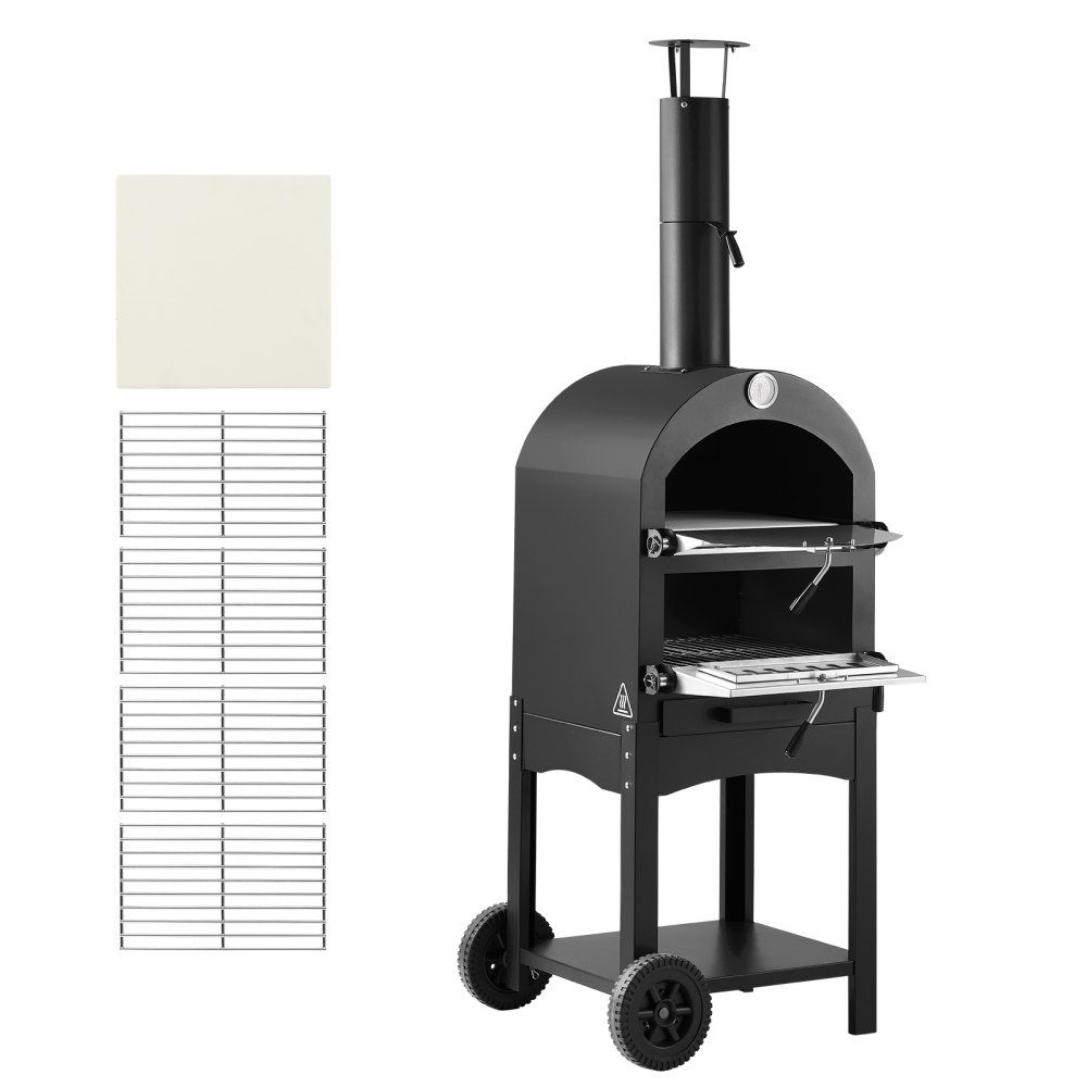 Pizza Oven 12 Inch Pellet Ovens, 2 Layer Wood Fired Pizza Oven, Outdoor Wood Oven with 2 Removable Wheels, Pizza Maker with Maximum Temperature of 540°C for Grilling