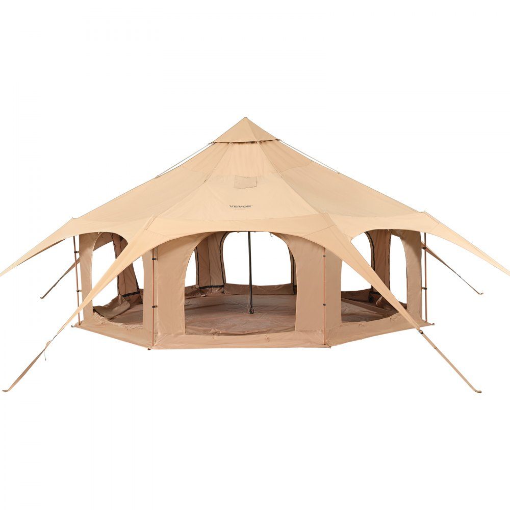 Bell Tent 5x2.8m Yurt Tent TC Cotton and Heavy Duty Iron Poles with Oxford Cloth Groundsheet Camping Tent Family Tent 8 Windows Group Tent for Outdoor Adventures