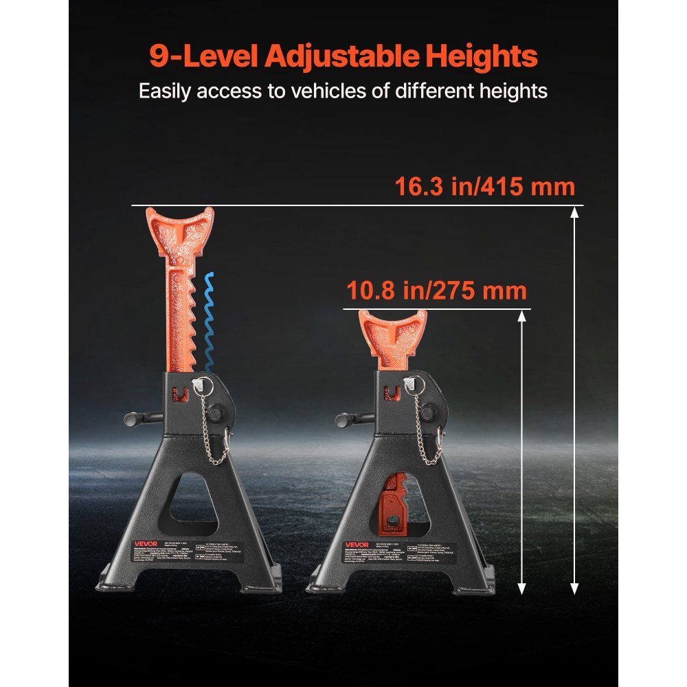 Abstellständer 3 t, Wagenheberständer 275-415 mm höhenverstellbar, Wagenheberständer aus Stahl mit Doppelverriegelung, zum Anheben von SUVs, Pickups, PKWs, UTVs/ATVs, 1 Paar, 190 x 180 x 275 mm