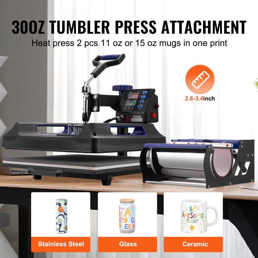 Warmtepers 15" x 15" 5 in 1 warmteoverdrachtmachine met 30-Unzen-Trommelpresse 360° wegzwenkbaar digitaal T-shirt met tefloncoating voor T-shirts/mokken/hoeden/borden zwart + blauw