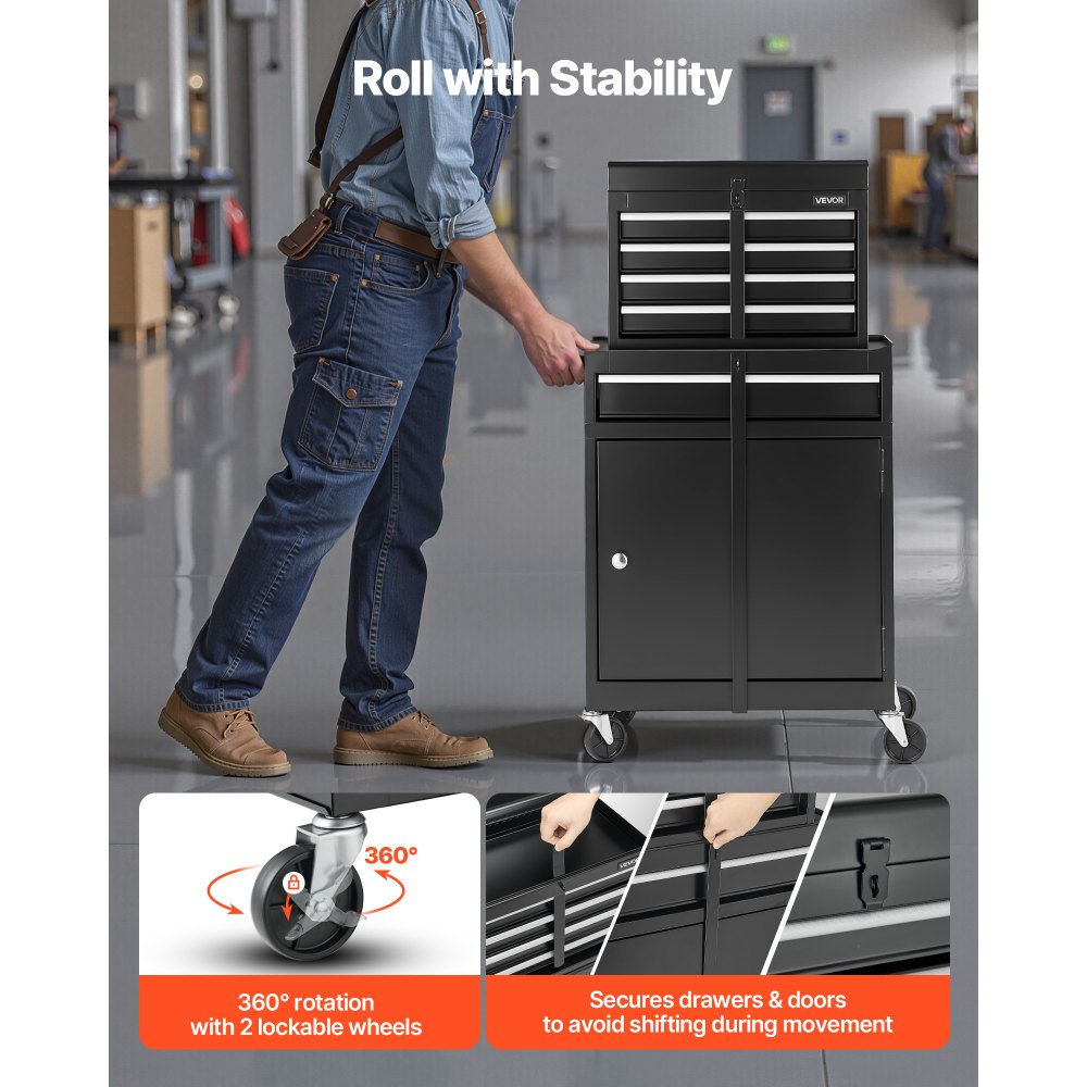 Werkplaatswagen, 2-in-1 design gereedschapswagen met 5 laden en uitneembare metalen gereedschapskist, sluitstang, beschermende voering en gereedschapsrek, garage-organizer voor magazijn, werkplaats Werkplaatswagen, 2-in-1 design gereedschapswagen met 5 laden en uitneembare metalen gereedschapskist, sluitstang, beschermende voering en gereedschapsrek, garage-organizer voor magazijn, werkplaats
