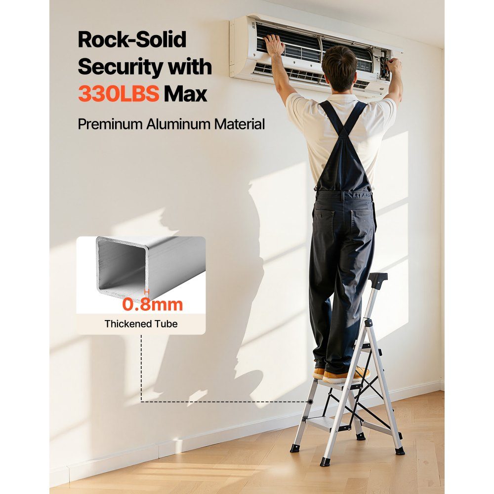 Trittleiter 3 Stufen, Klappleiter mit Anti-Rutsch-Stufen & komfortablem Griff, Haushaltsleiter Tragkraft 150 kg, Trittleiter aus Aluminium, Sicherheitsleiter für Küche, Lager, Haus & Büro
