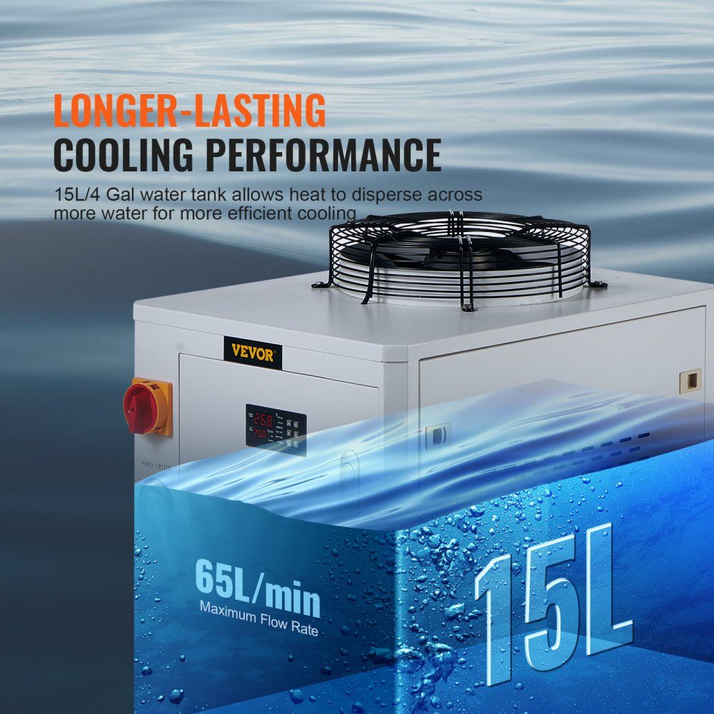 Industrial Water Chiller, CW6000, 1500W Water Chiller Cooling System with Compressor, 15L Water Tank Capacity, 65L/min Maximum Flow Rate, for CO2 Laser Engraving Machine Cooling Machine
