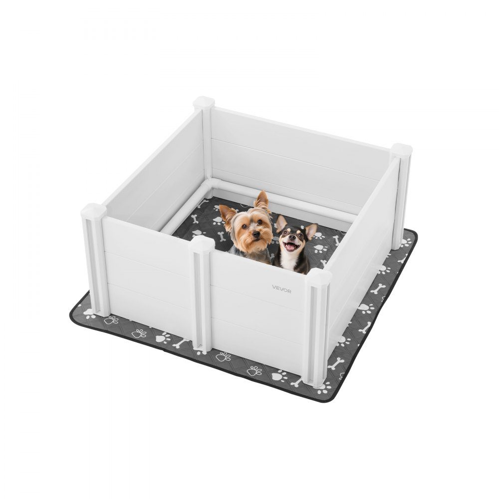 Wurfkiste für Hunde, 98x98x46cm, Welpenlaufstall aus Kunststoff-PVC mit höhenverstellbarer Tür & waschbarer Pinkelunterlage, verformungssichere Welpenkiste für mittelgroße Hunde, milchweiß